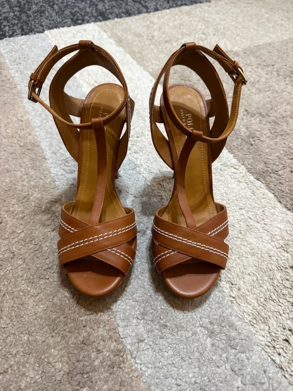 Polo by Ralph Lauren Curio Tan/Brown Leather Cross-Strap Heel- Size 36.5